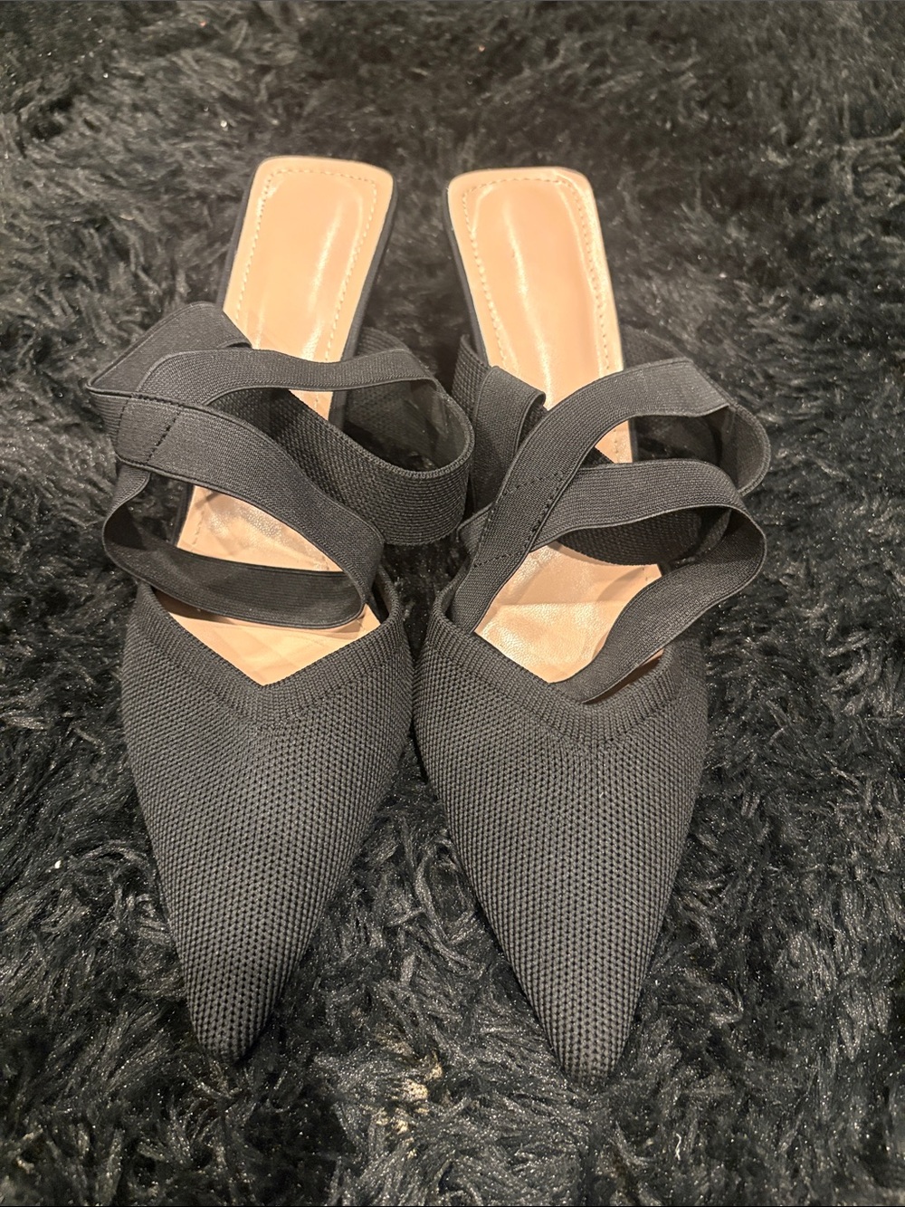 Black Pointed-Toe Slip-On Heels with Crisscross Straps